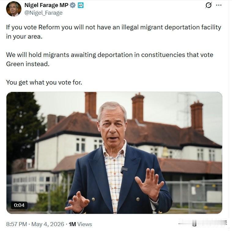 Nigel Farage为改革党拉票。
“如果你投票给改革党，你的选区就不会出现