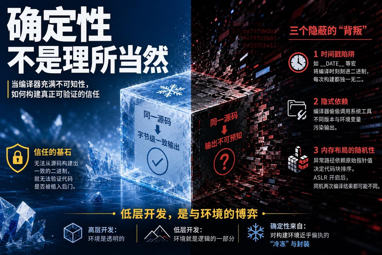 【编译器的“谎言”：为什么源码相同，二进制却不同？】

在软件开发者的直觉里，编