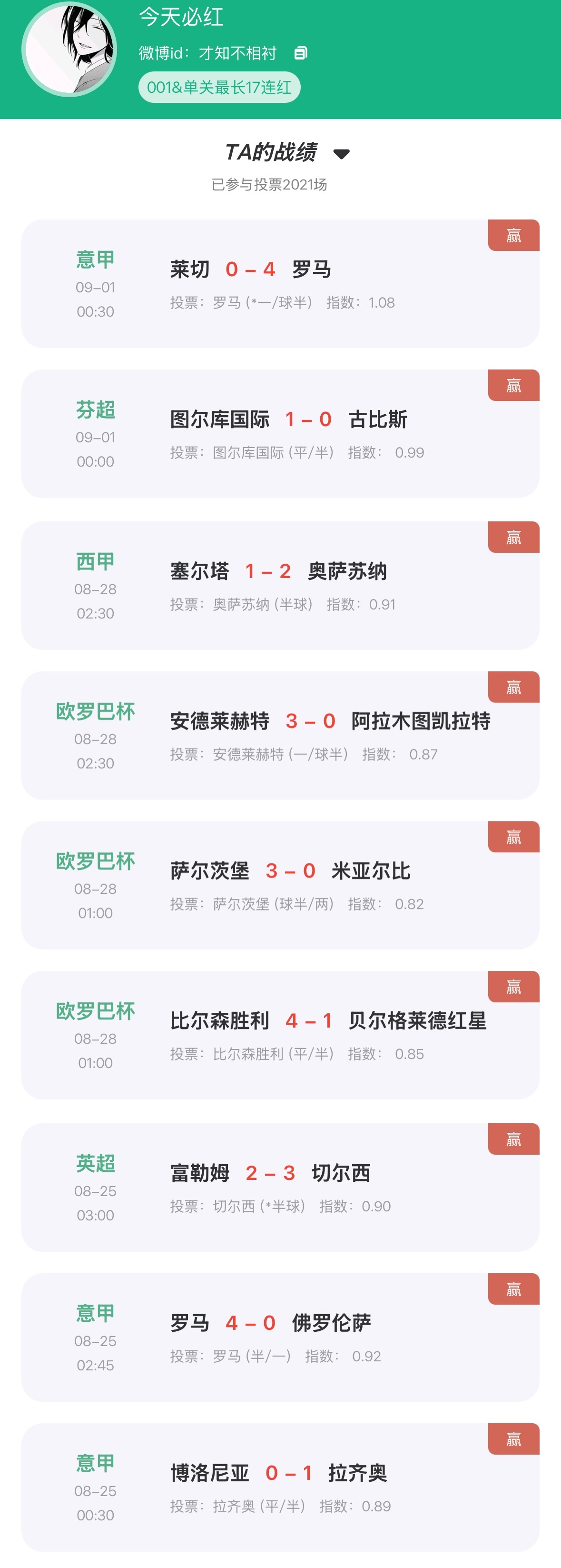 【“猜球”——民间高手】连红榜第一 昨日2场001单关全红，001单关达成10连