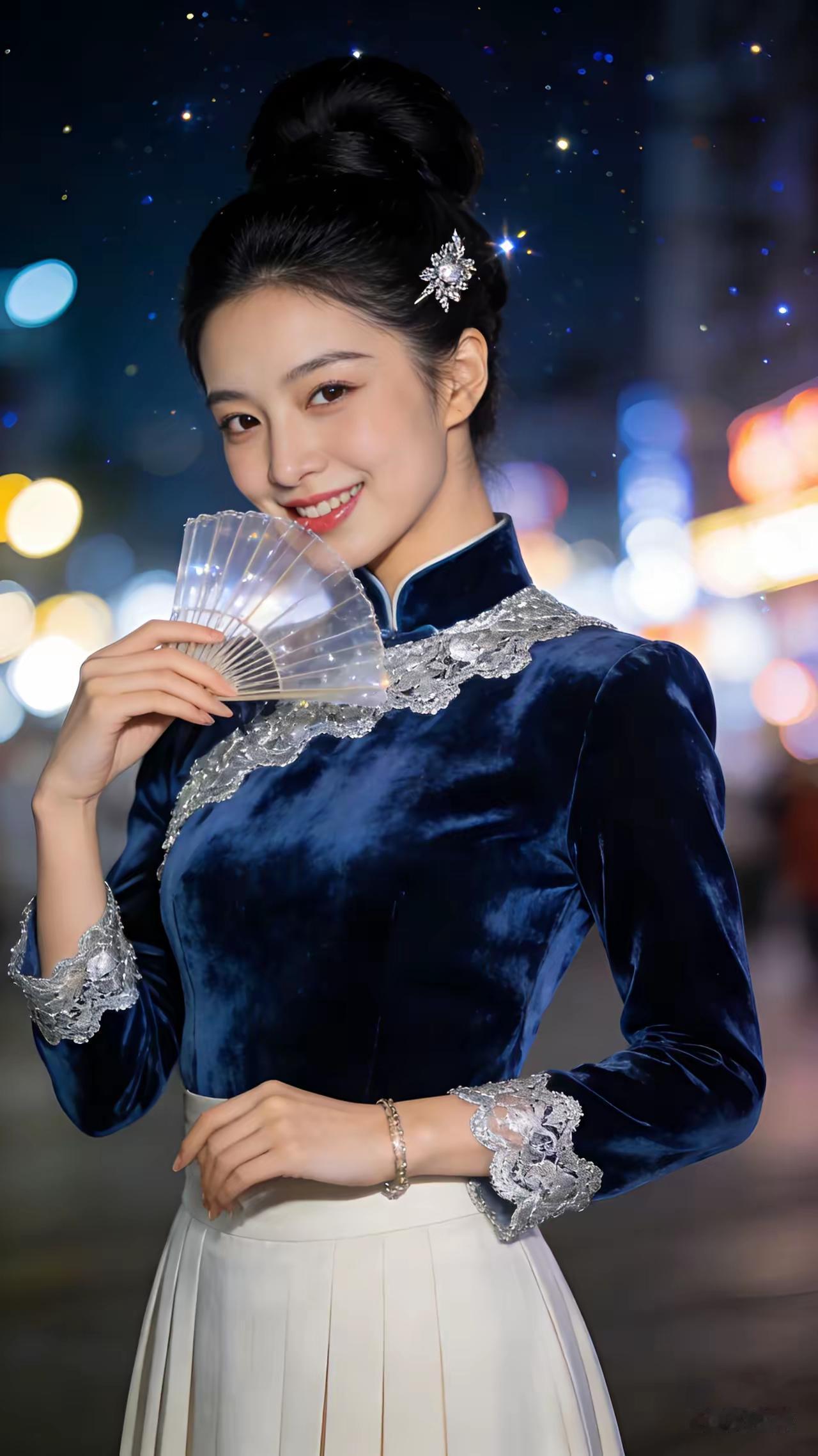 梦幻夜色与优雅旗袍的搭配，简直是将东方古典美展现到了极致。在夜色中，旗袍的盘扣、