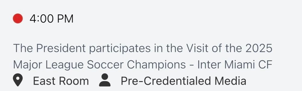 🚨根据白宫日程安排，迈阿密国际队将于美国时间今天下午 4 点到访白宫与特朗普总