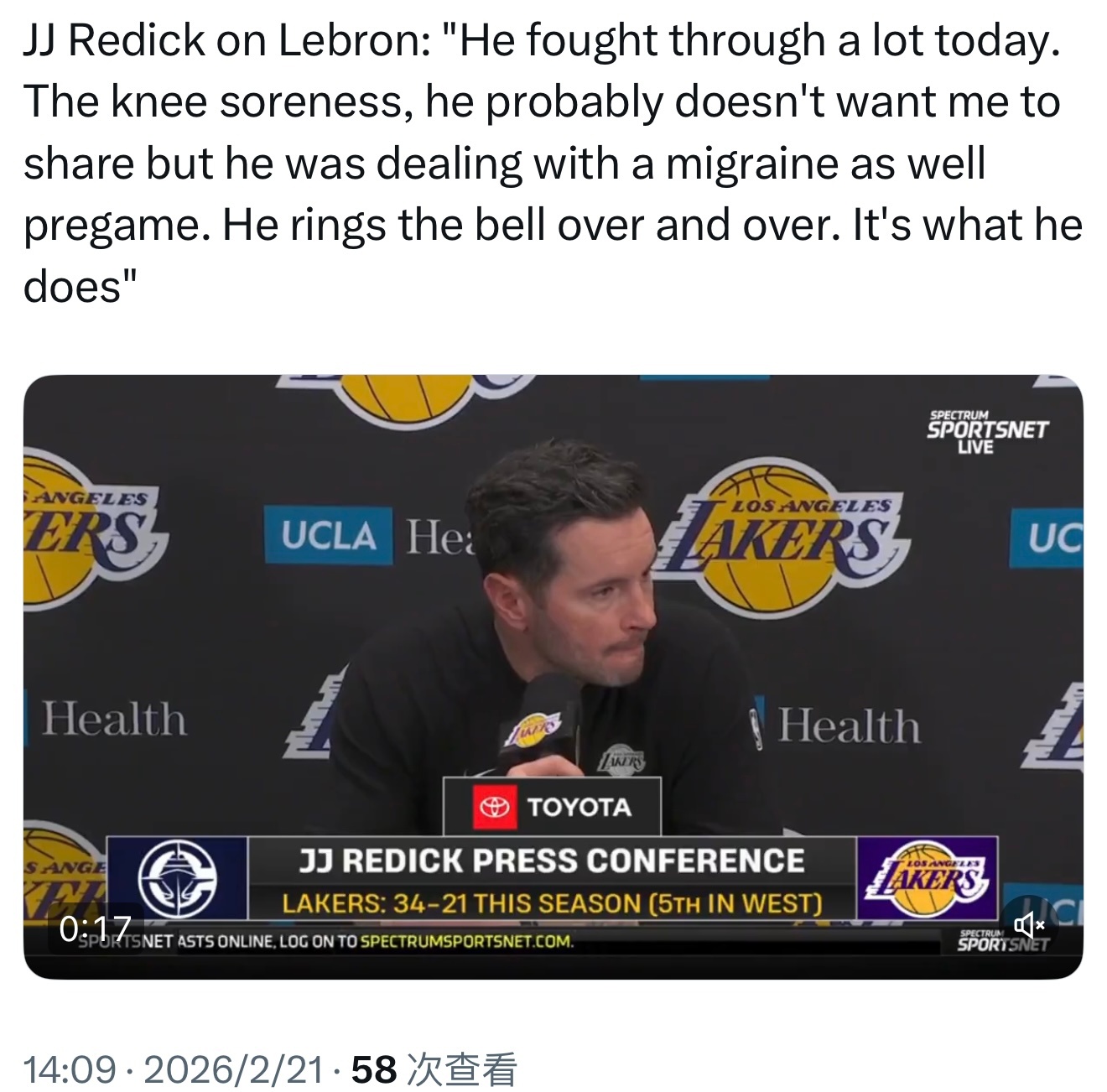JJ·雷迪克谈勒布朗：“他今天克服了很多困难。膝盖酸痛，他可能不想让我说，但赛前