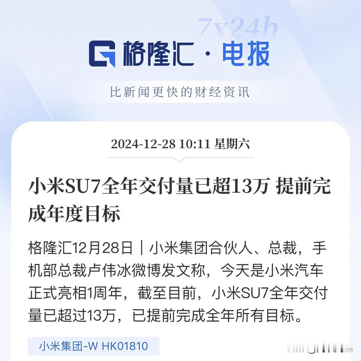 超13万辆！瞩目的成绩单，小米Su7全年目标超额完成！

12月28日，小米点卢
