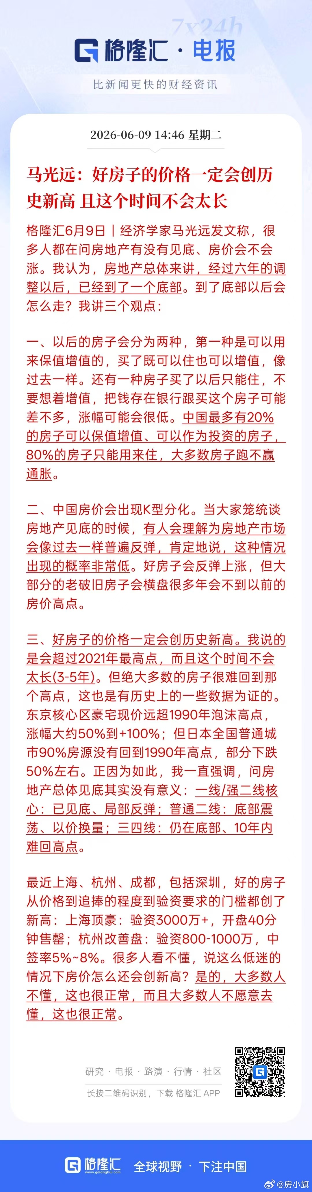 马光远重磅发言：马光远:好房子的价格一定会创历史新高 且这个时间不会太长最近上海