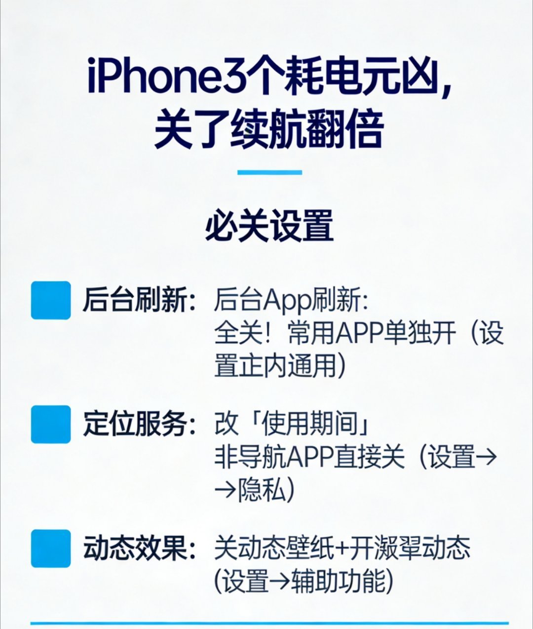 iPhone最费电的3个设置1. 后台App刷新：全关！常用APP单独开（设置→