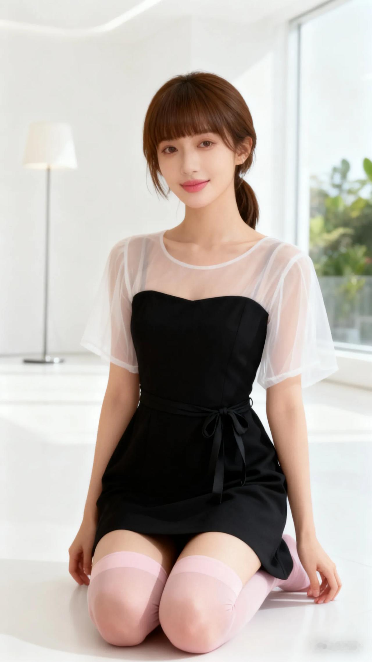 甜美少女风，粉嫩袜袜搭配黑色连衣裙，可爱满分！💖👗💕