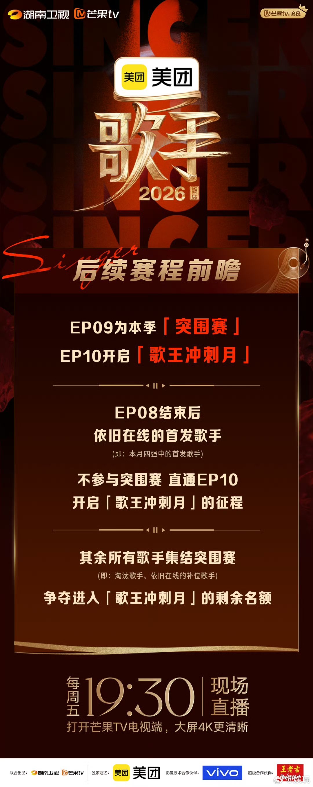歌手歌王冲刺月赛制歌手2026歌手全新赛程终于理清，第九轮是突围赛，第十期正式迈