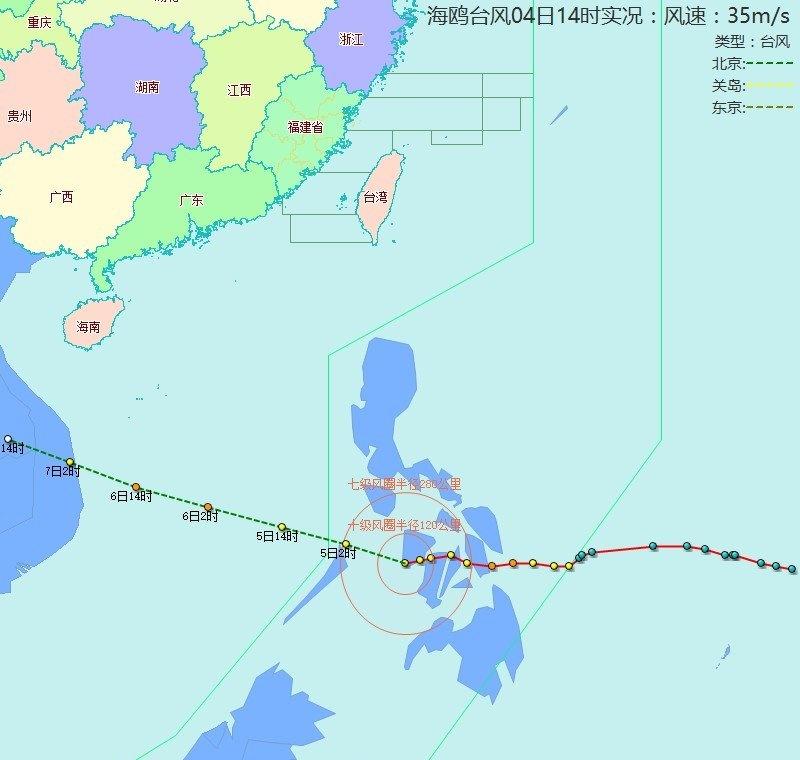 【台风位置】海鸥（台风）：2025年11月4日14时，距离福州1737公里，气压