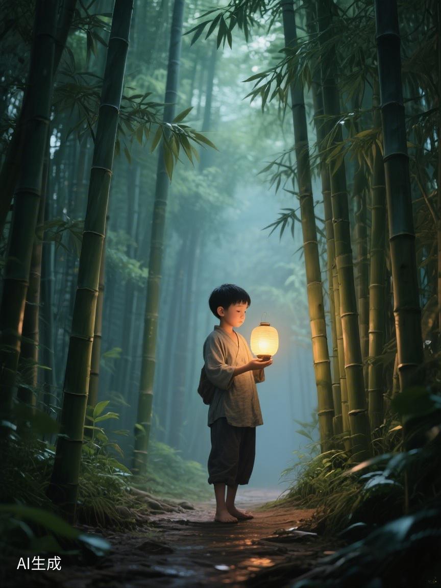 AI妙生图幽篁深处，一盏暖灯摇曳，仿若通往心灵秘境，于静谧中探寻自我与自然的秘语