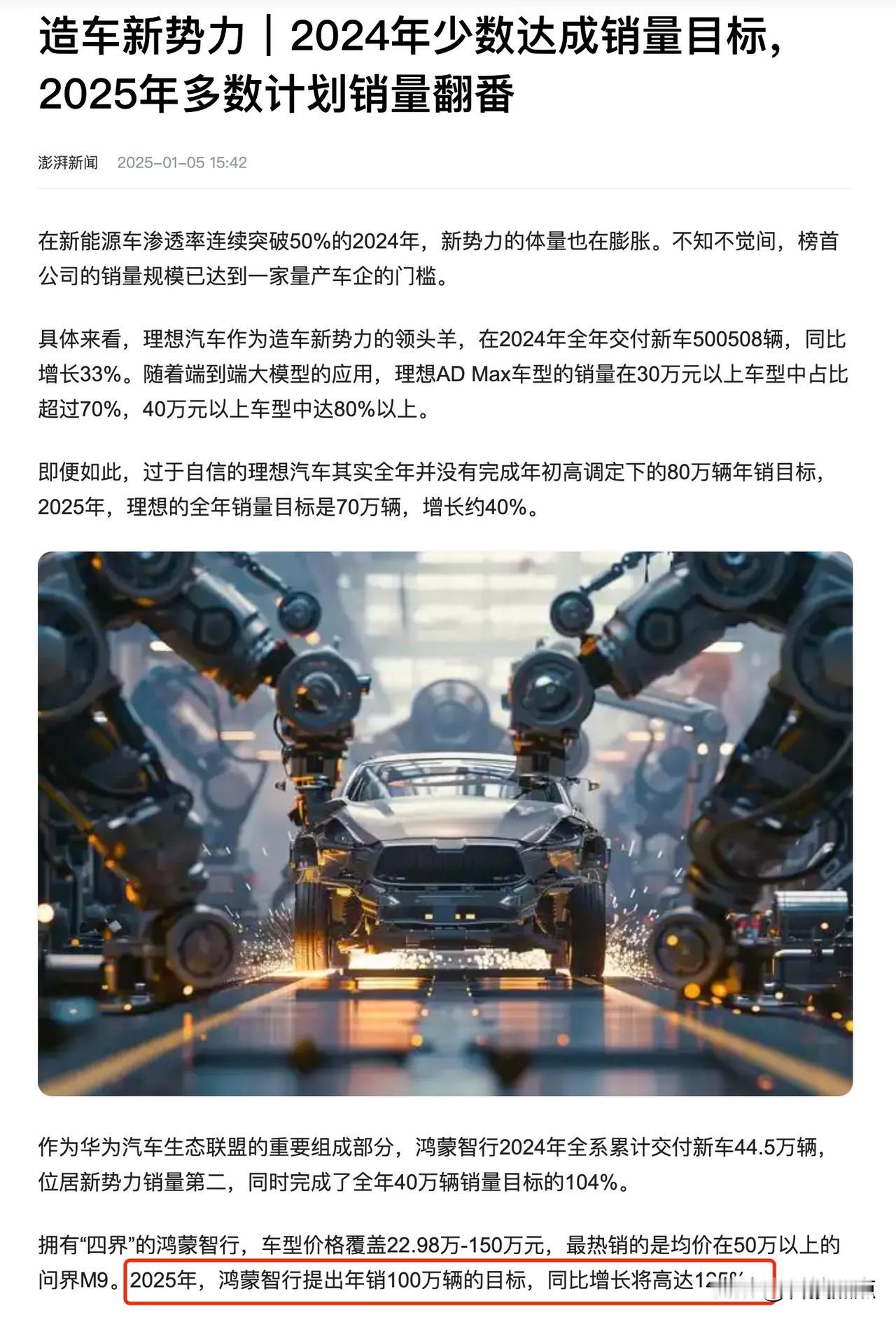 华为鸿蒙智行2024年交付44.5万辆，2025年销量目标100万辆