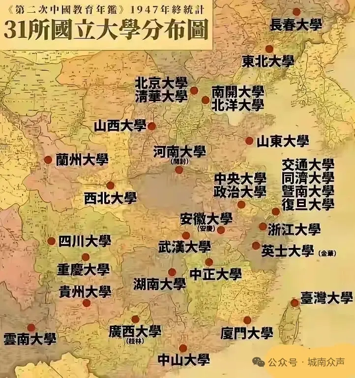 1947年31所国立大学分布图。