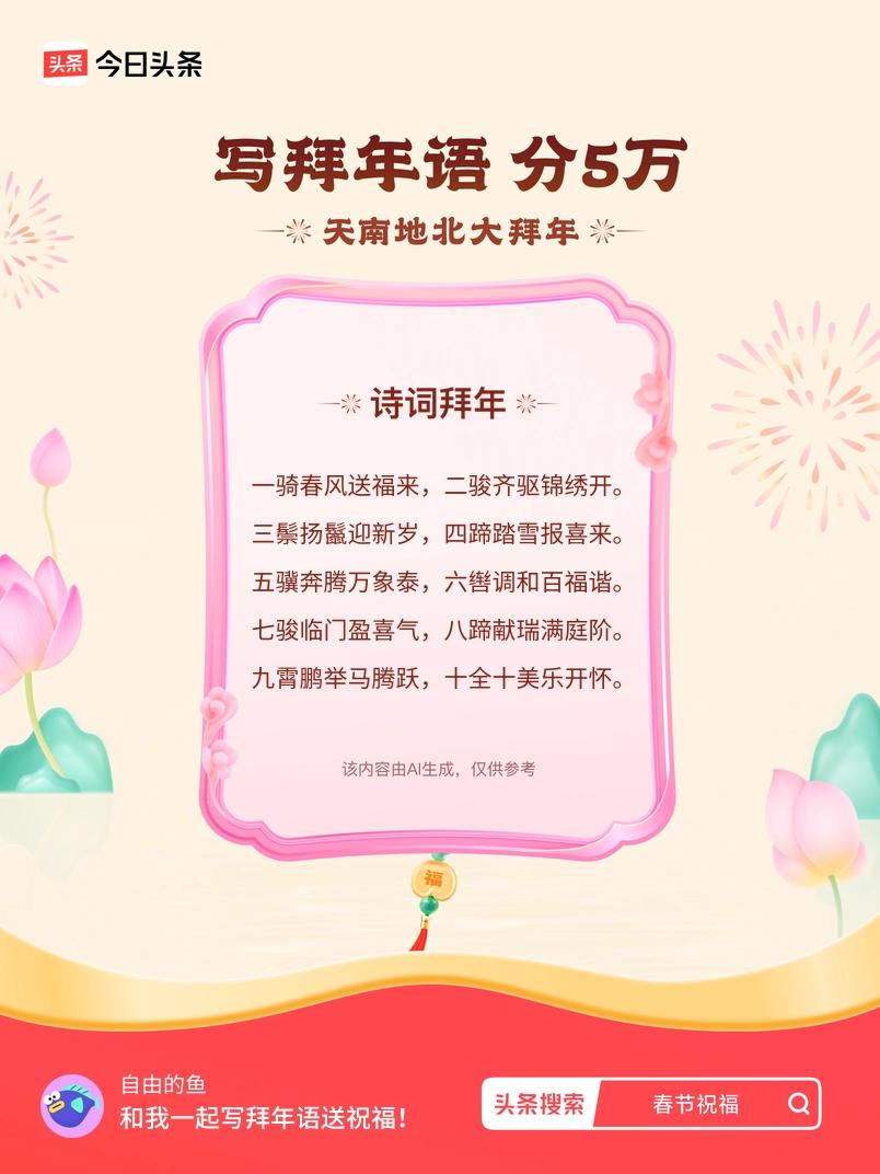写拜年语送祝福新春拜年送祝福！我的祝福是：“一骑春风送福来，二骏齐驱锦绣开。三鬃