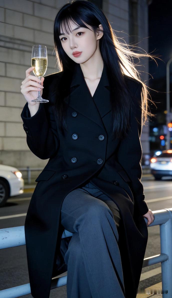 都市夜色中的优雅女郎，手捧香槟，尽显时尚魅力。