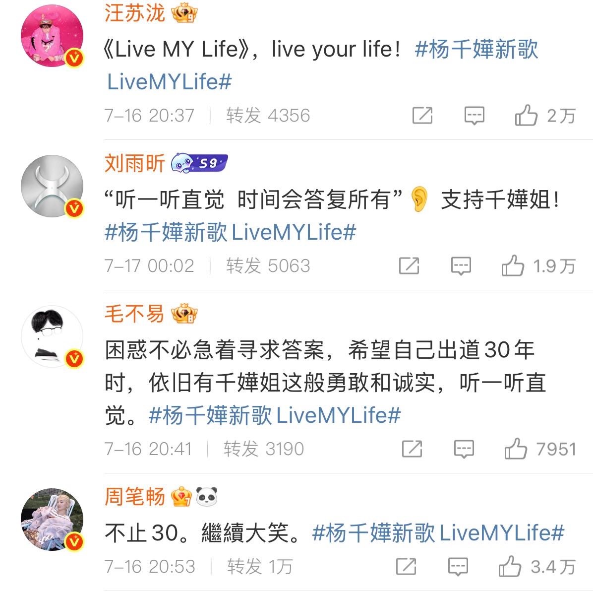 杨千嬅转发区好多明星团建杨千嬅发新歌《Live MY Life》，转发区好多明星