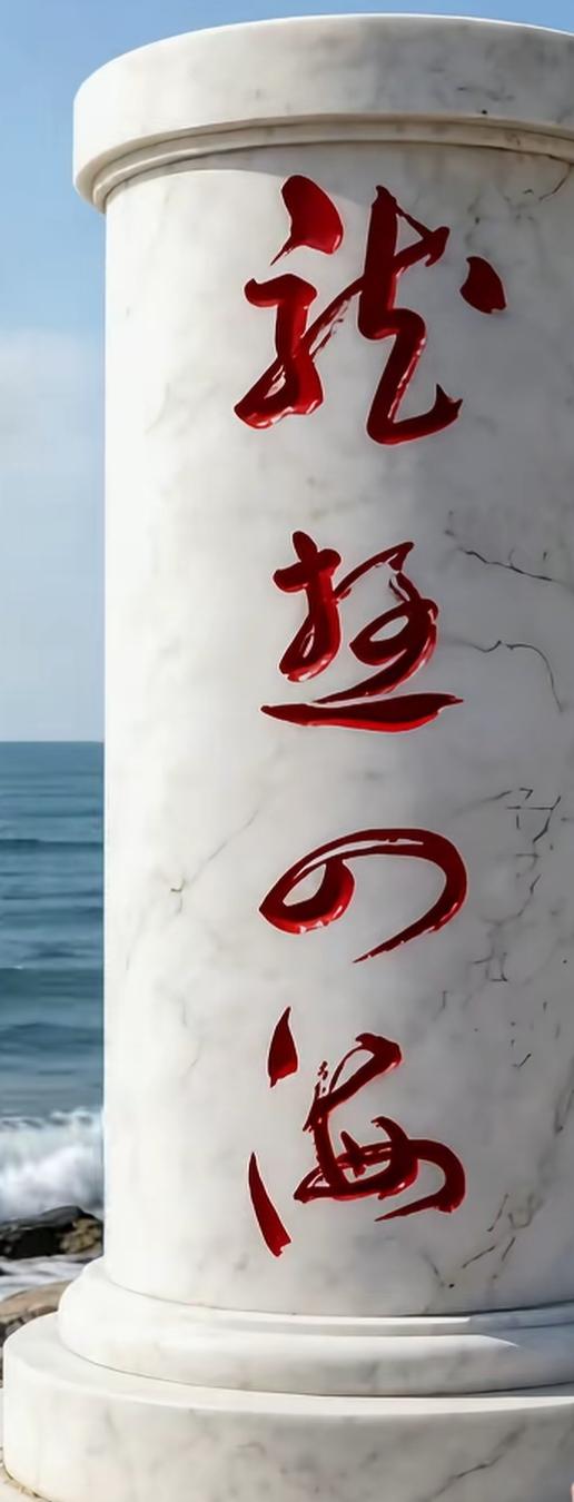 海边的大理石柱上写着红色的字。这四个大字写的太潇洒了，谁认识读出来听一下。[作揖