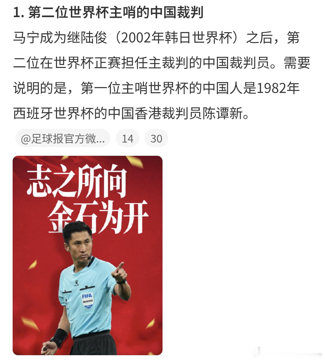 马宁主哨世界杯别人带队争冠，马宁带哨判公道，本届独一份中国主裁。足坛星光云集，独