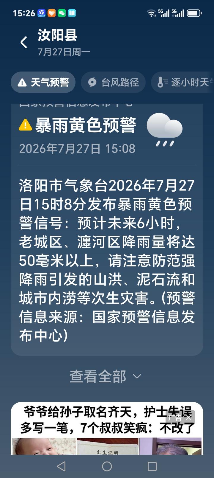 洛阳市气象台刚刚发布暴雨黄色预警预计未来6小时洛阳老城区瀍河区降雨量将达到50毫