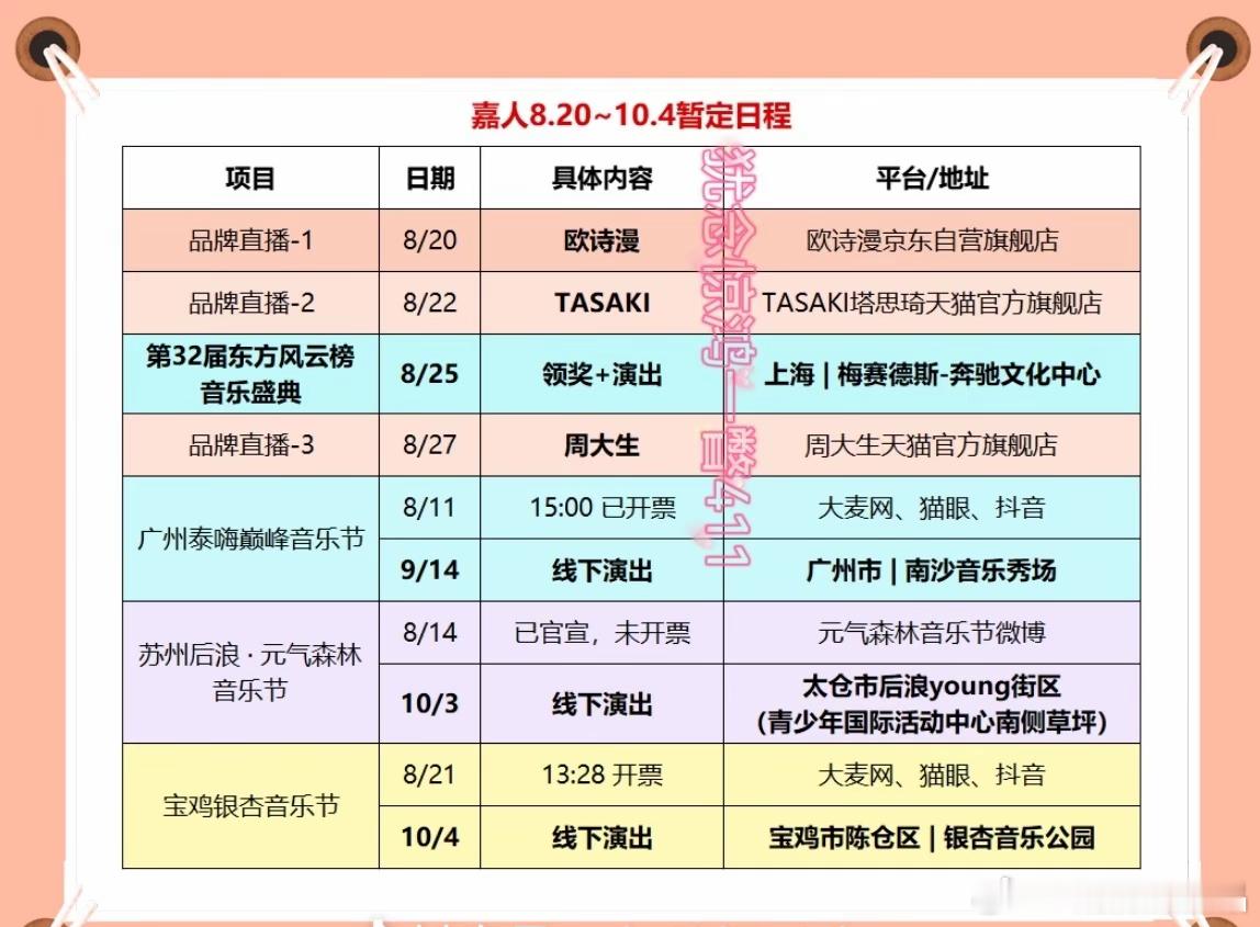 任嘉伦8.20-10.4日暂定日程表，表还在完善中。 ​​​