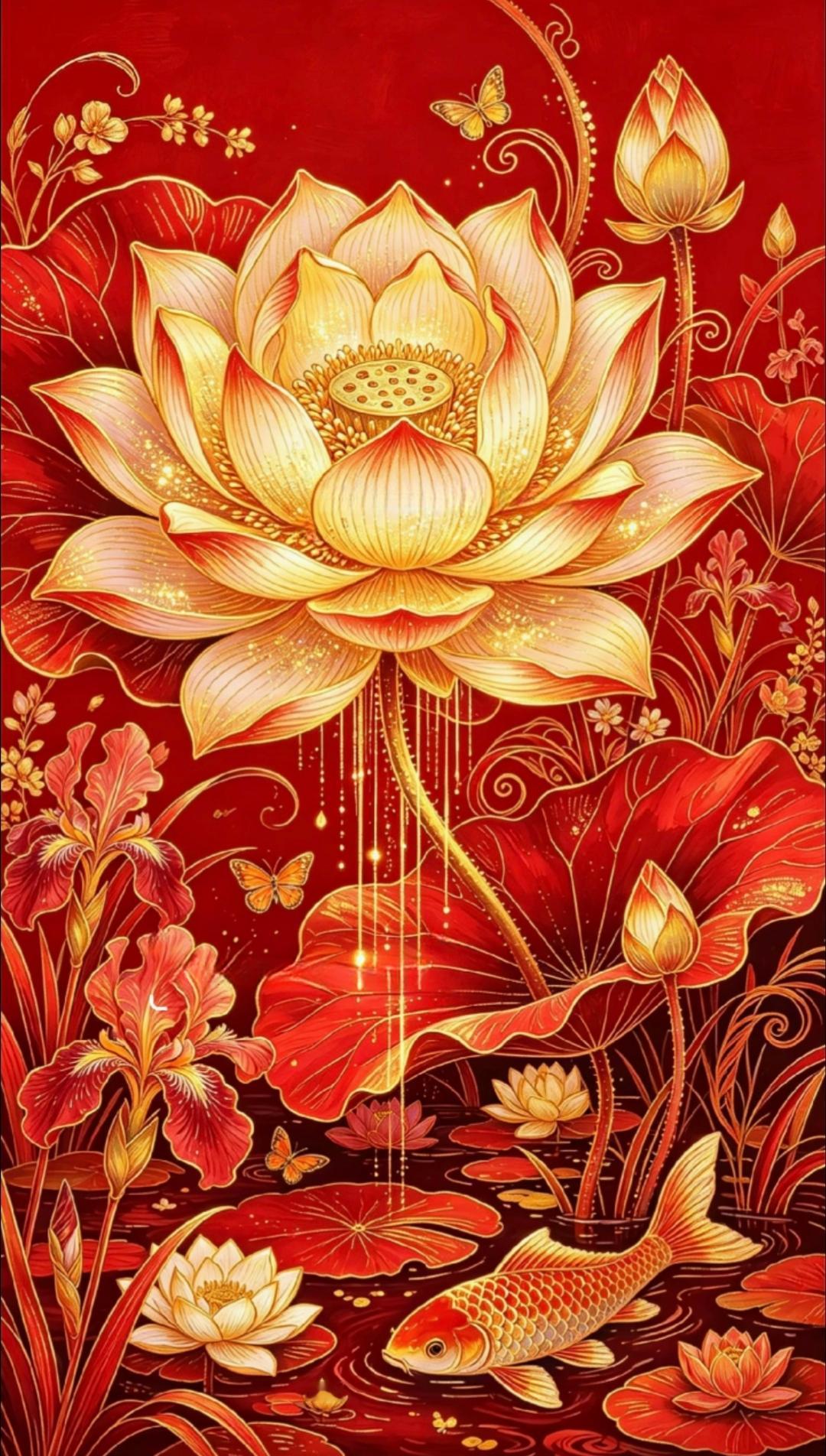 金莲盛开好运来，锦鲤跃水送福财！
红红火火的画卷里，藏着满满的祝福与欢喜，接住这