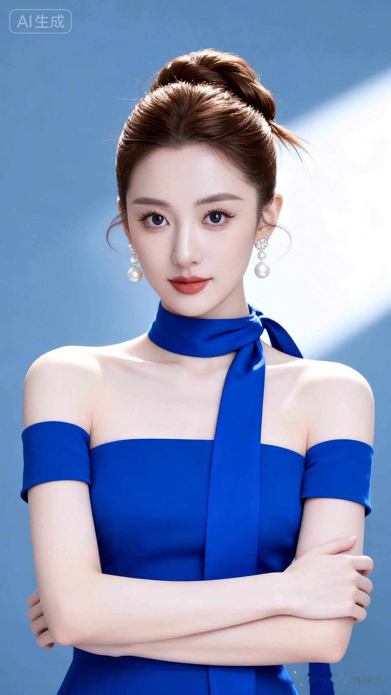 年轻女子棕色盘发，冷白皮，佩戴珍珠耳环，身着宝蓝色带颈飘带抹胸露肩连衣裙，双臂交