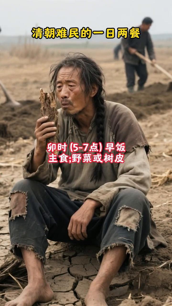 清朝难民的一日两餐。
·卯时(5-7点)早饭：主食：野菜或树皮。找观音土(早饭后