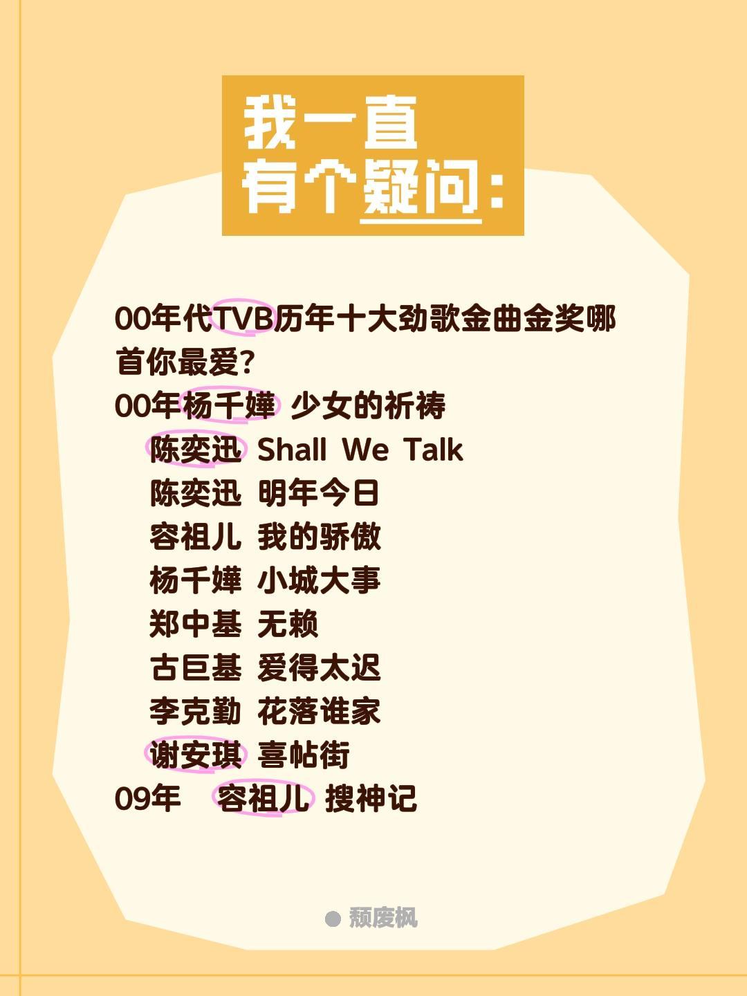 00年代TVB历年十大劲歌金曲金奖哪首你最爱?
00年杨千嬅 少女的祈祷
陈奕迅