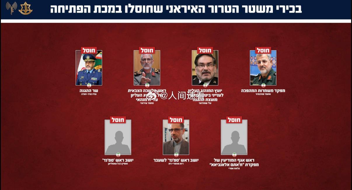 哈梅内伊以色列国防军公布了一份被暗杀的伊朗人物名单。名单包括：阿米尔·阿里·哈吉