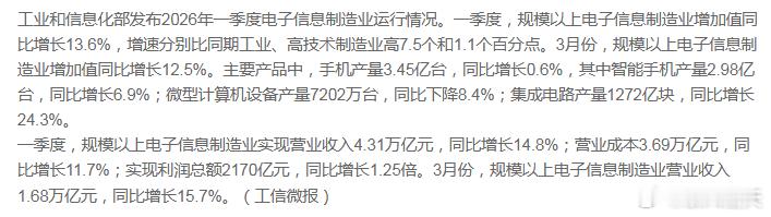 一季度规上电子信息制造业实现营业收入同比增长14.8% 