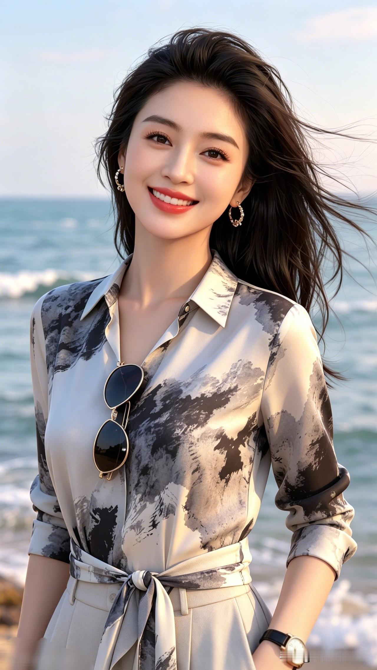 海边少女风，黑发飘逸，墨镜与印花衬衫相得益彰，尽显时尚与自然之美。