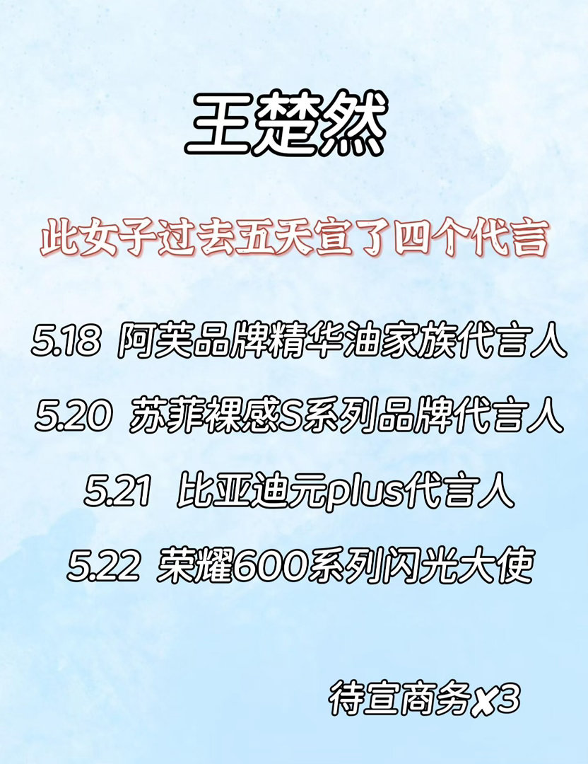王楚然代言 王楚然sw整理汇总发现此牛女子过去五天宣了四个代言，决定单独发一个?