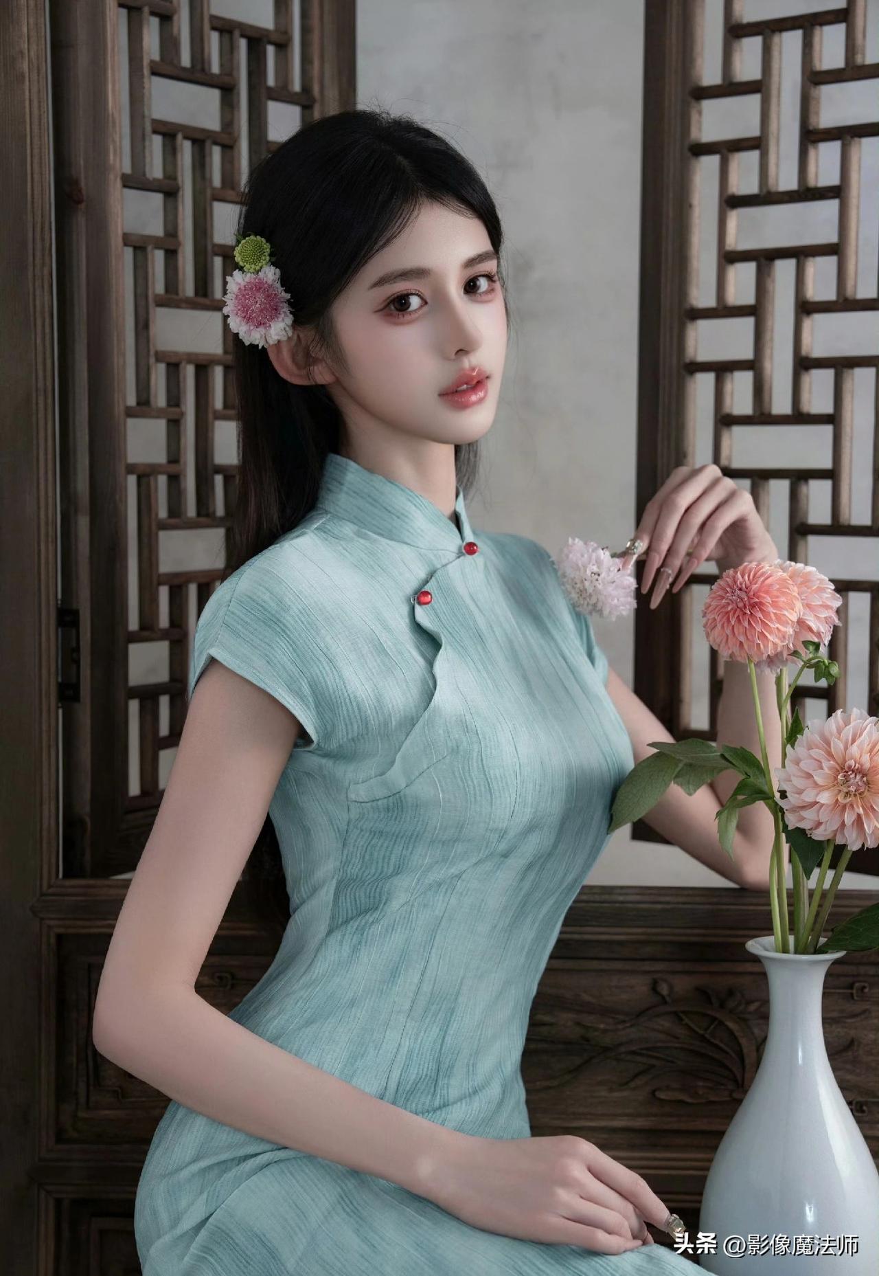 清冷系美人穿搭，青绿旗袍太美了！旗袍风气质穿搭