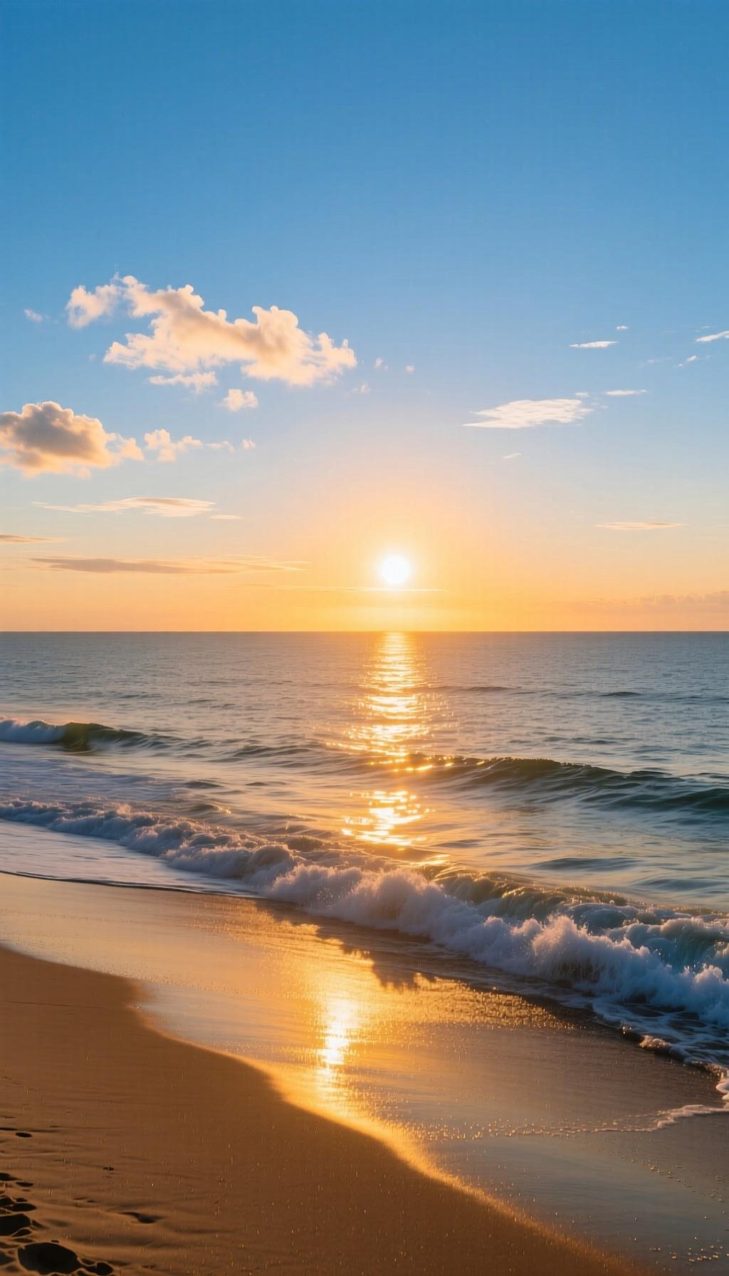 夕阳西下，海浪轻拍沙滩，宁静而美丽的海边时光。