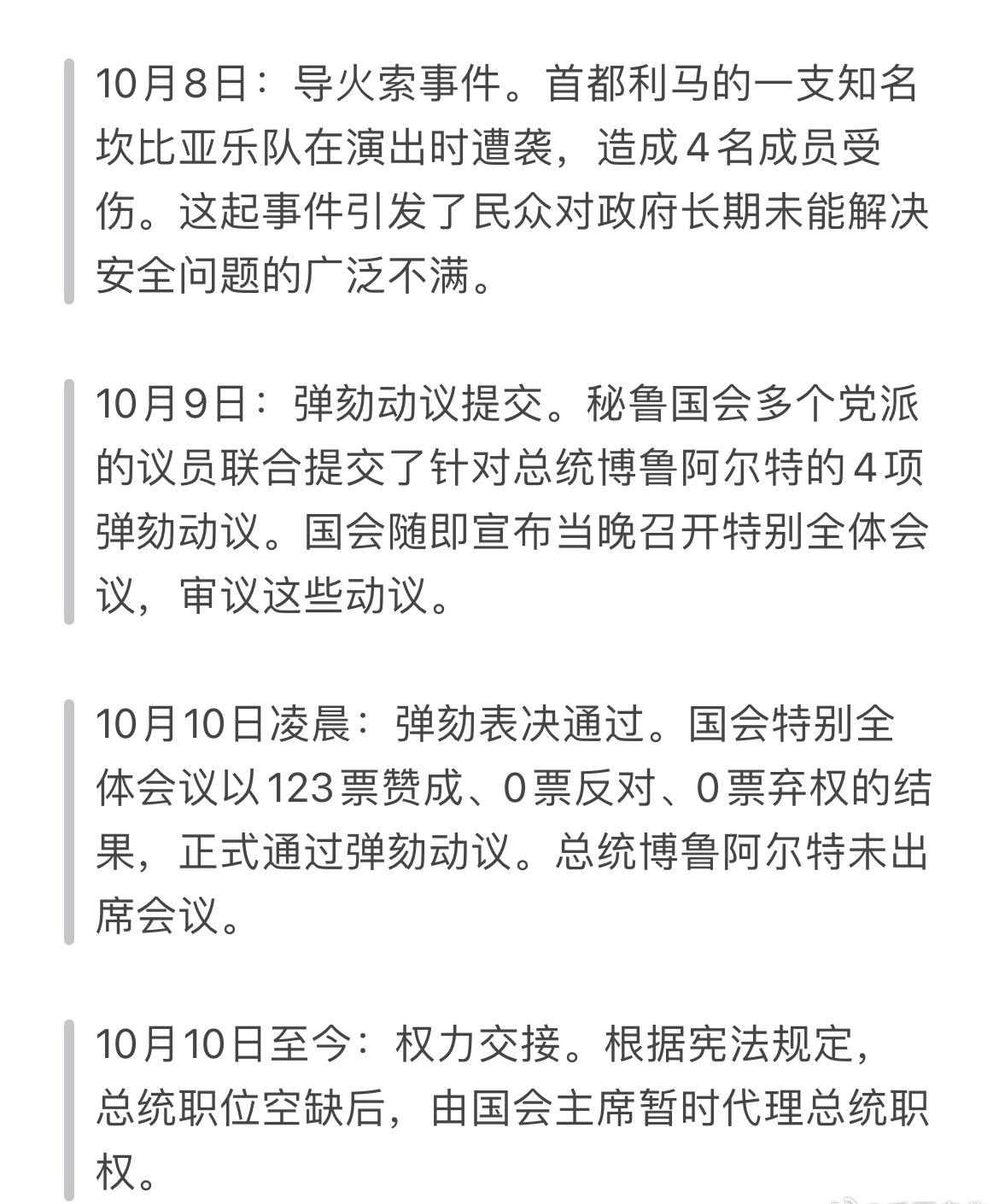 根据最新消息，当地时间10月10日凌晨，秘鲁国会以123票全票赞成通过了对总统博
