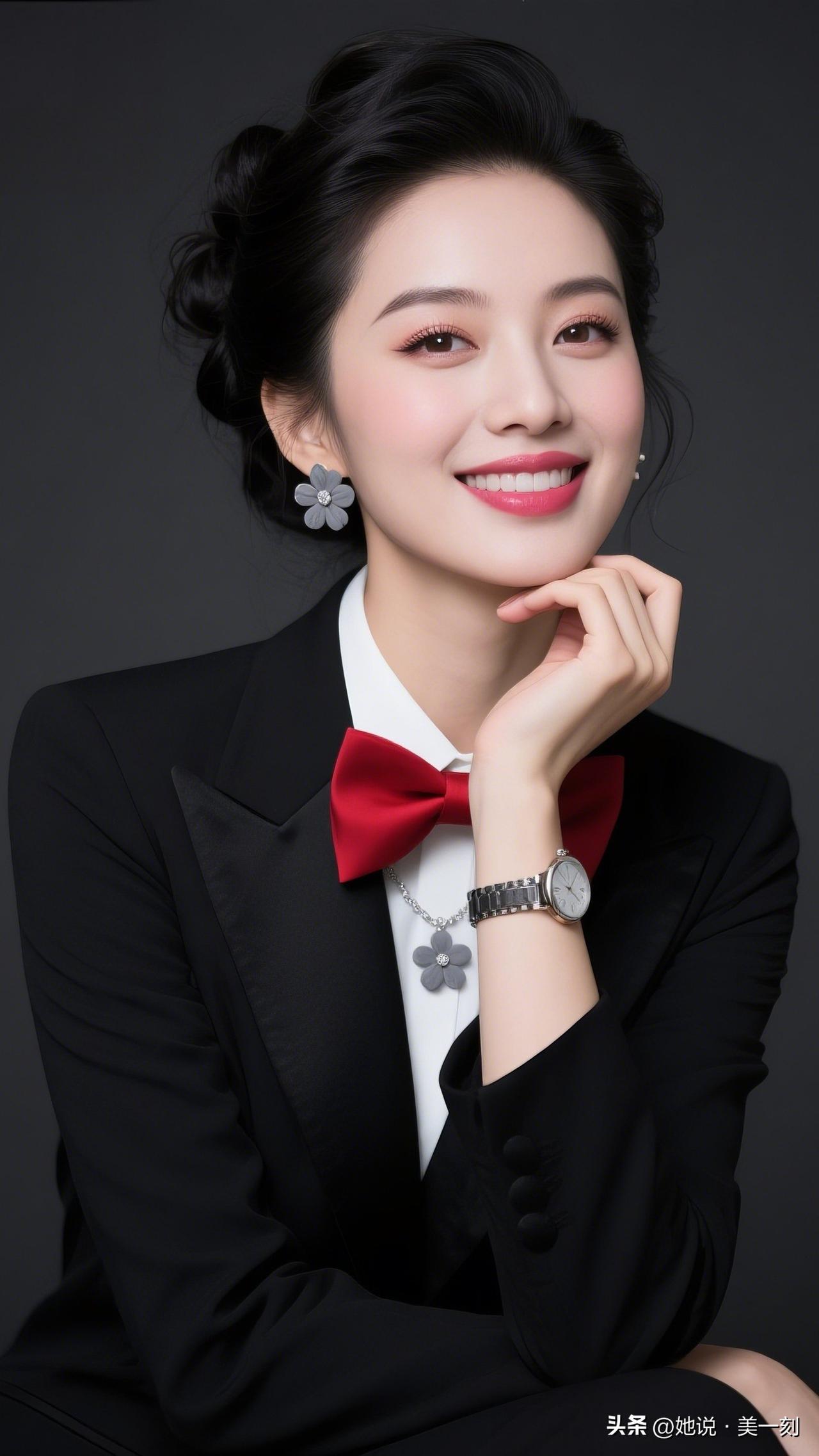 优雅黑西装搭配红领结，甜美笑容，气质满分！🌹✨你心目中的美女是什么样子