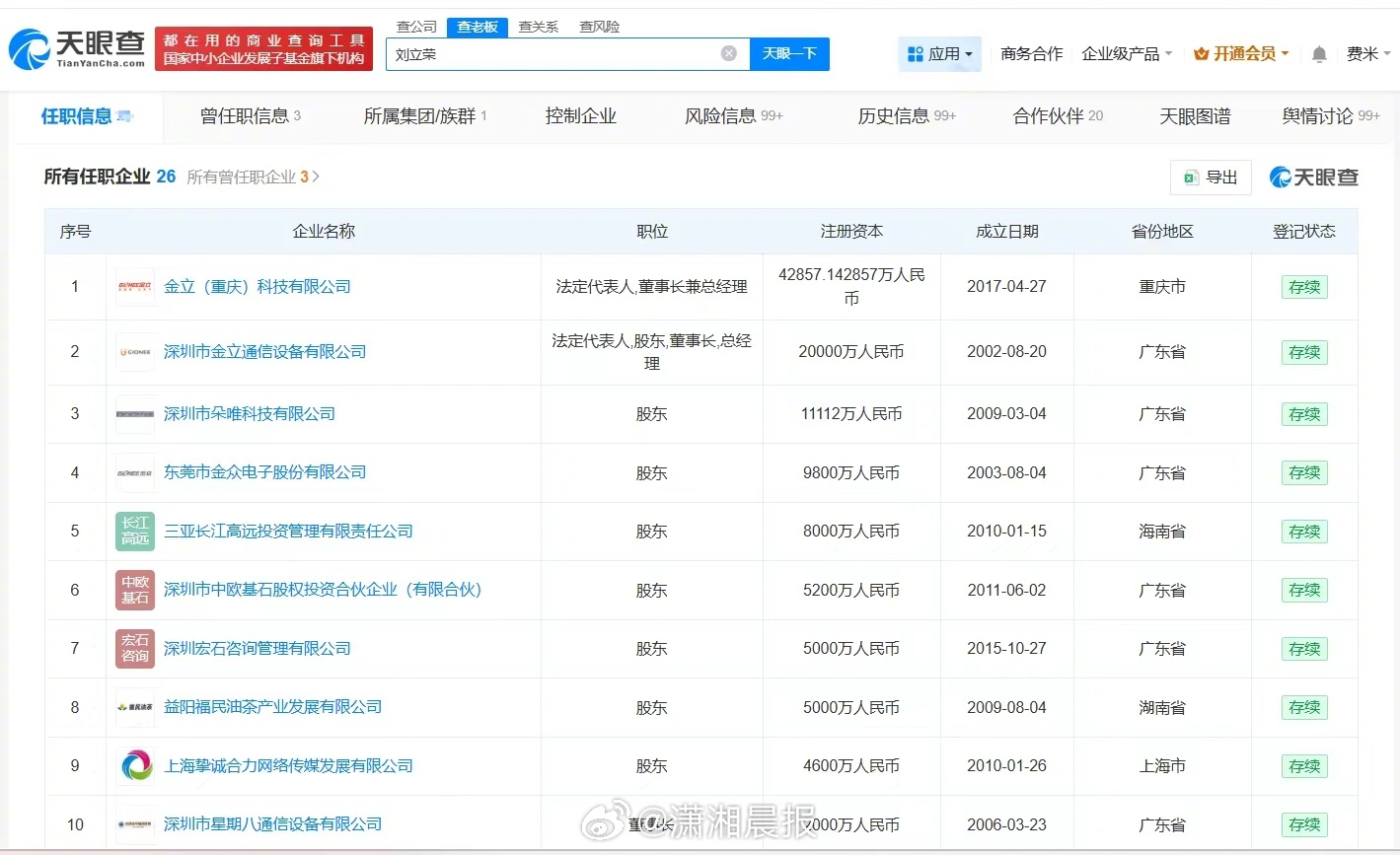 【#金立手机创始人已被多次限消#，#刘立荣名下多家企业被吊销或注销#】#金立创始