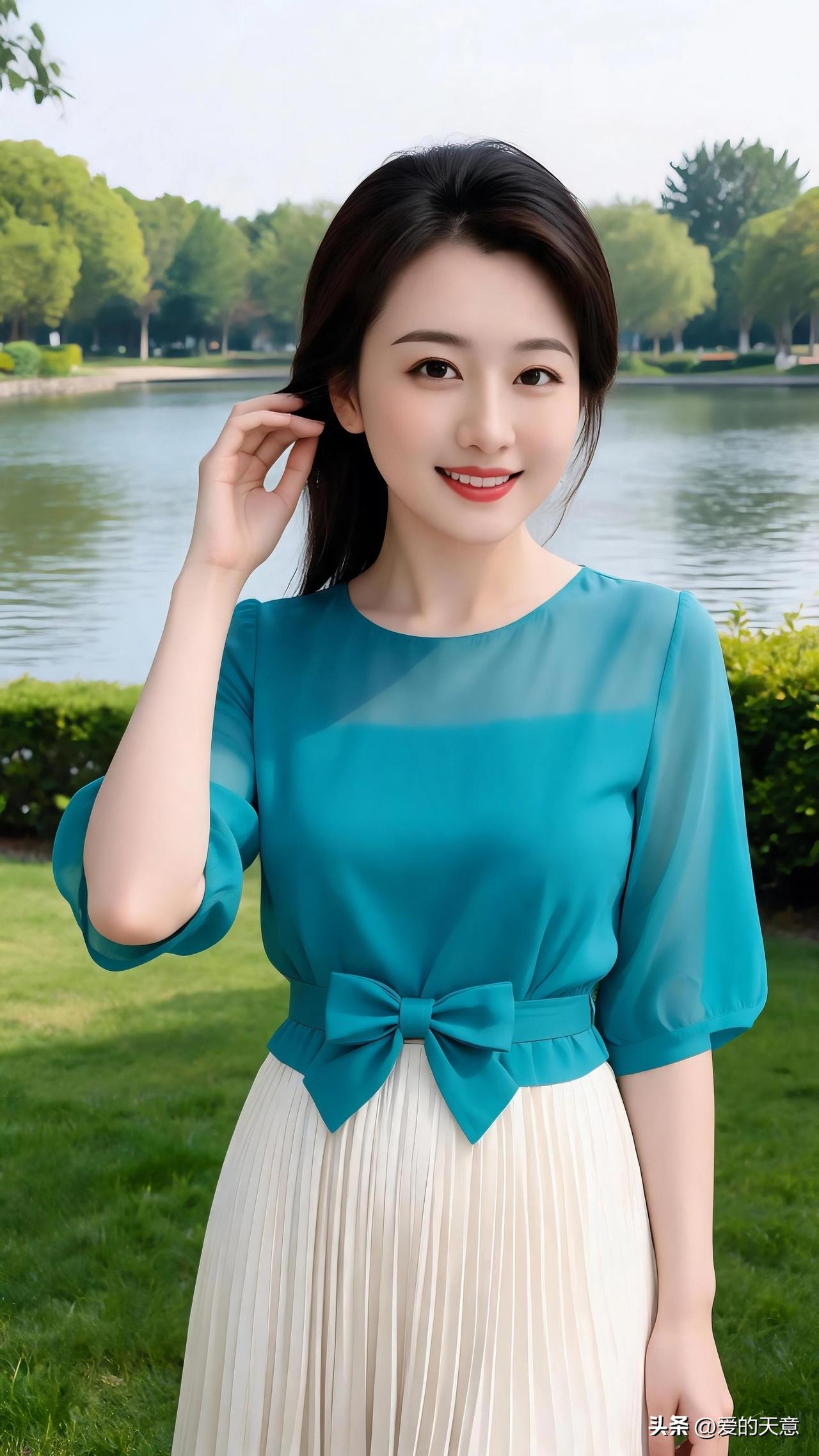 湖畔惬意的闲暇时光，湖蓝色上衣搭配米白百褶裙，简约清爽，温柔大气，简简单单解锁舒
