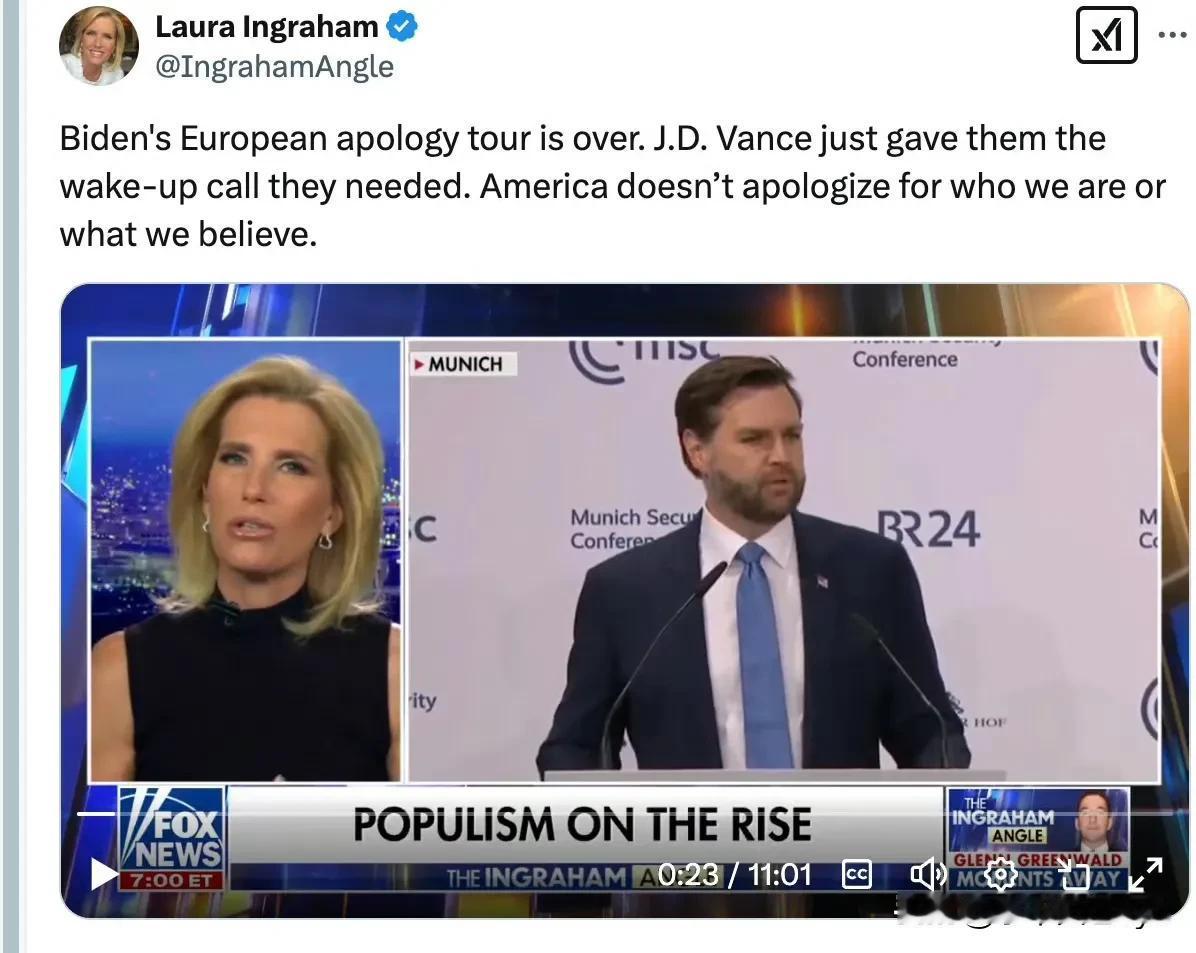 Laura Ingraham：“拜登的欧洲道歉之旅结束了。J.D. 万斯刚刚给他