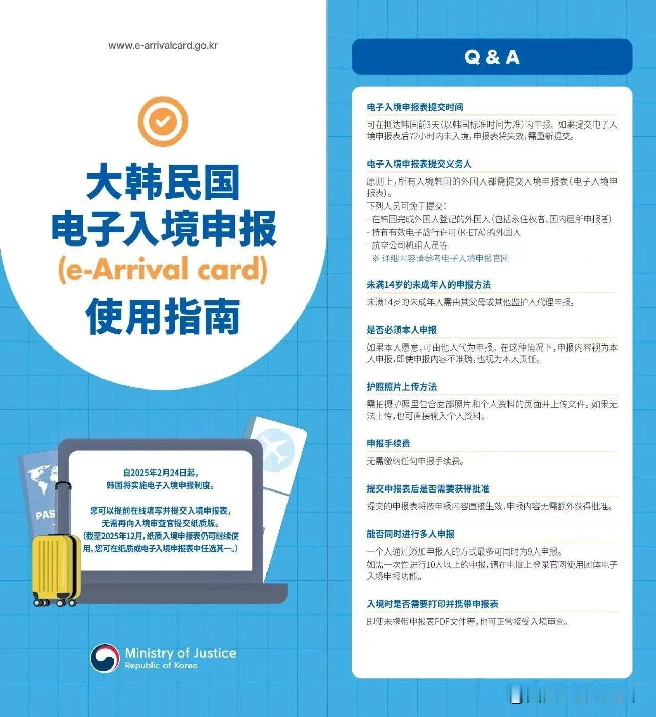 自2025年2月24日起，韩国会开始施行电子入境申报制度。
您能够提前在线填写并