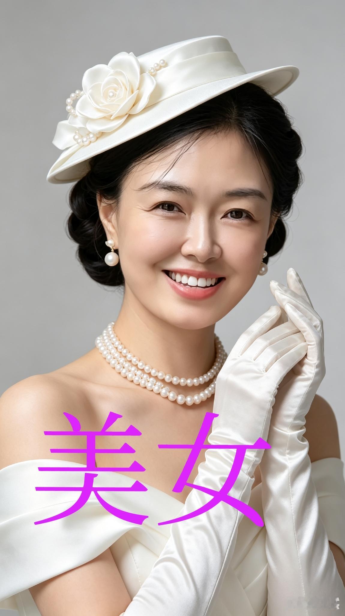 白缎珍珠佳人
云髻巧盘映玉颜，花帽饰珠赛春妍。
圆珰剔透凝清露，串珠层叠绕颈间。