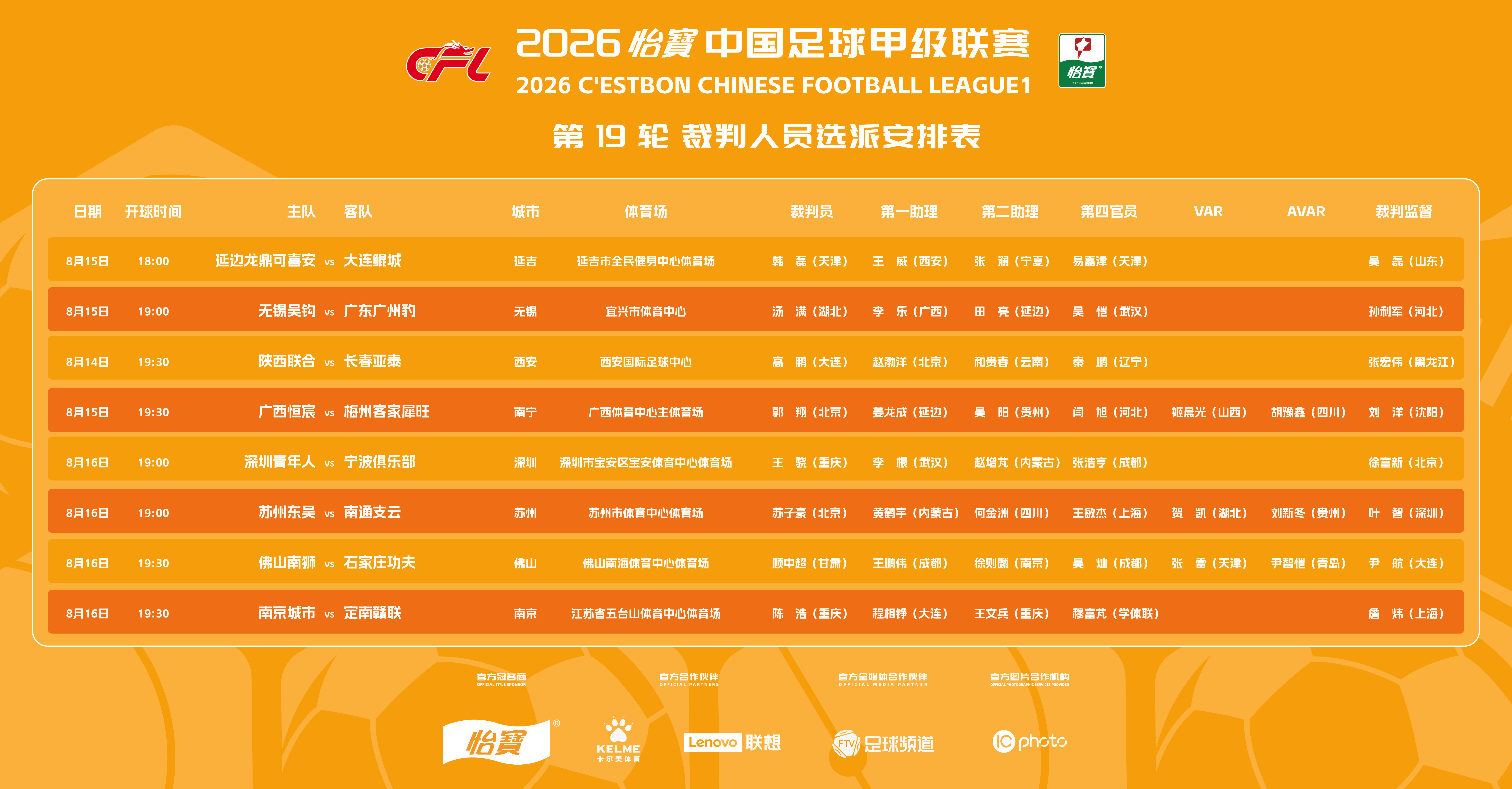 2026怡宝中甲联赛第19轮裁判选派结果公布，具体安排如下：一起登场中甲联赛