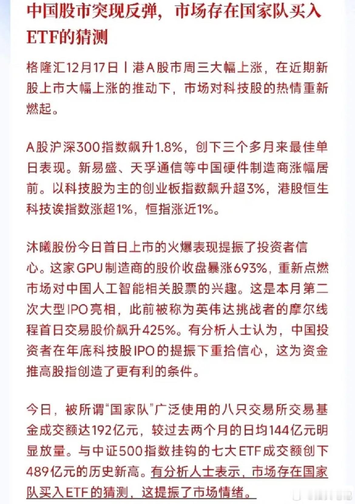 今天A股午后突然拉升，原因终于出来了！长期资金大手笔扫货ETF，买入量创下历史新