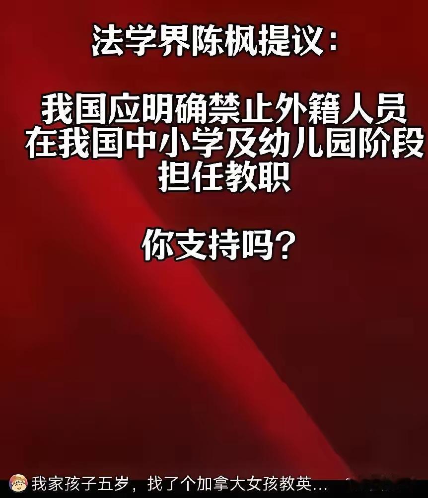 外籍教师进校园：不是排外，是守护成长的根
 
法学界人士陈枫提出，我国应通过立法