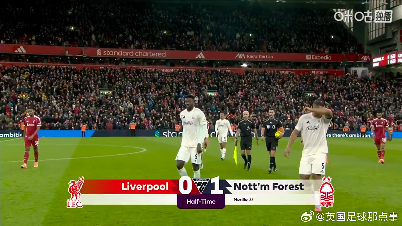 半场结束，利物浦暂0比1落后诺丁汉森林大伙如何评价上半场比赛  