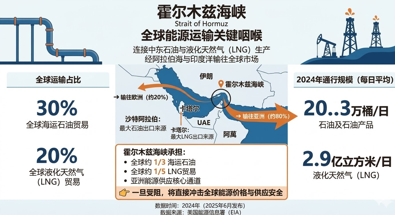 霍尔木兹海峡是全球能源运输的关键咽喉，承载约三分之一海运石油与五分之一液化天然气