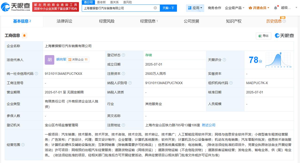 含AI软件开发业务
天眼查App显示，近日，上海曹操智行汽车销售有限公司成立，法