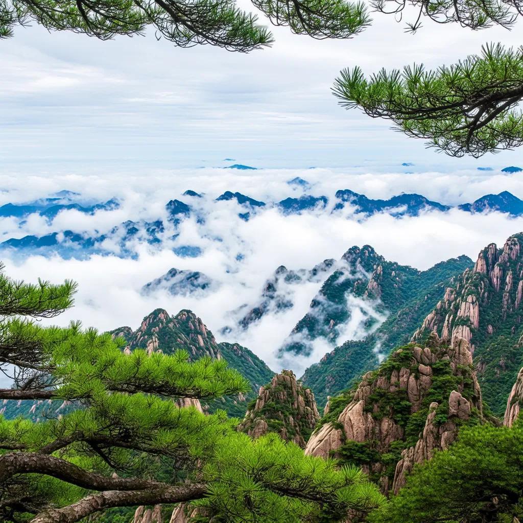 这幅图描绘了山峦起伏、松树摇曳的景象，风起云涌，整个画面充满了动感，色彩以青绿和