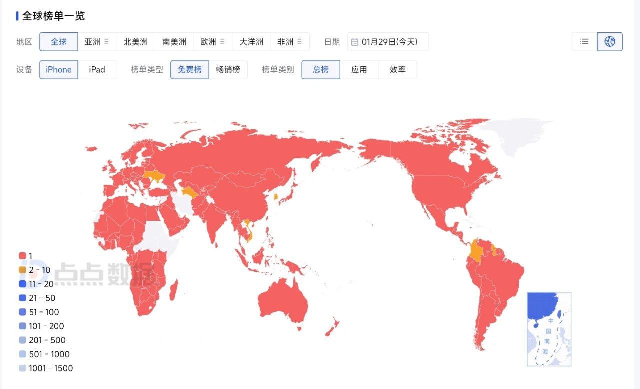 DeepSeek目前在App Store全球免费榜中获得165个国家（地区）的第