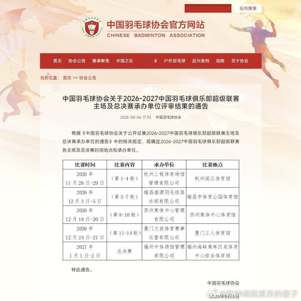 中国羽毛球协会关于2026‑2027中国羽毛球俱乐部超级联赛主场及总决赛承办单位