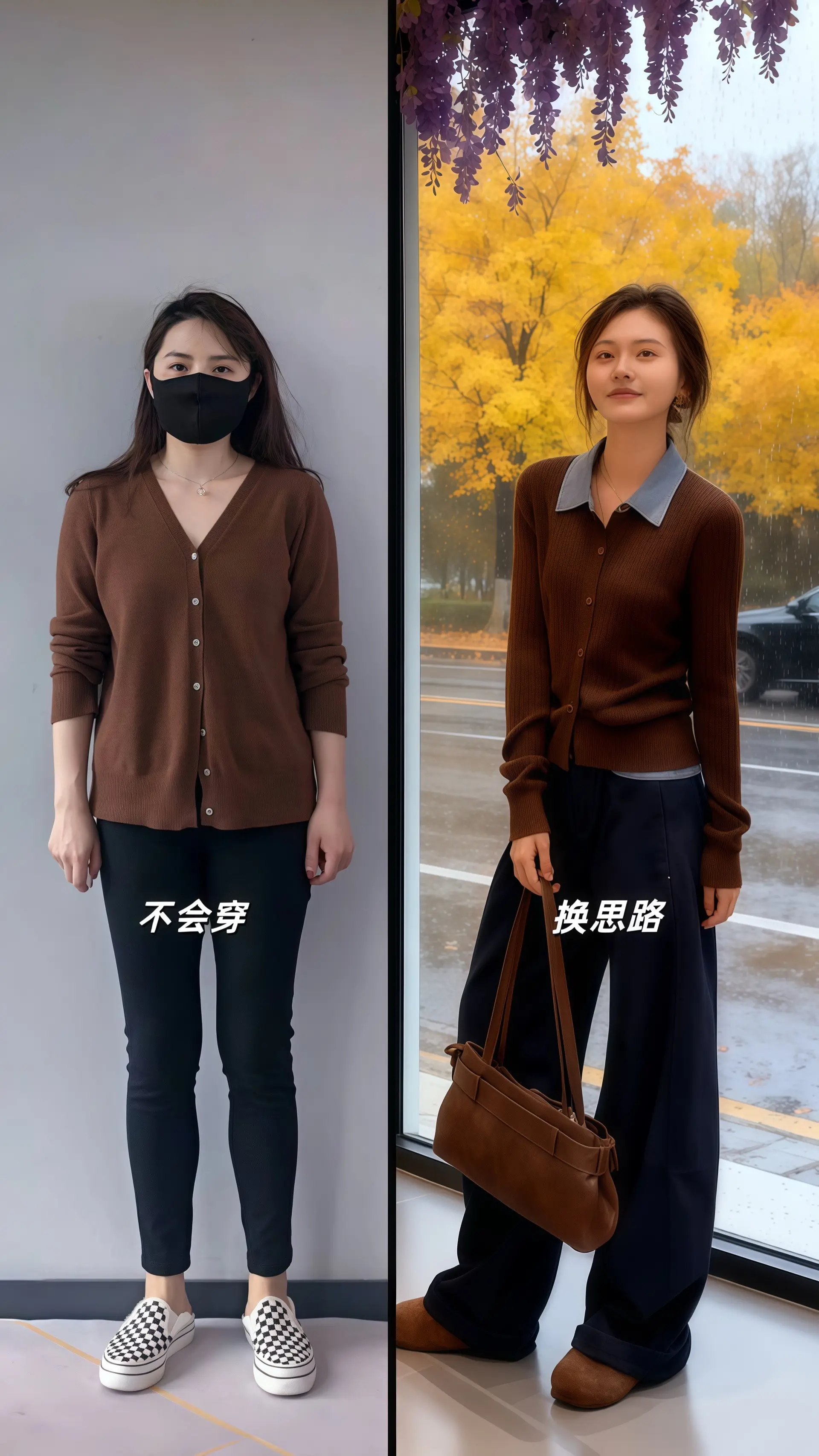 秋日雨幕里的韩系温柔 她穿着韩系设计感拼接衬衫，棕色棉麻针织在肩头温柔...