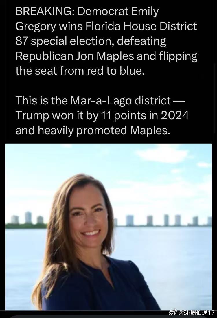川普海湖山庄选区变天佛州第87选区特别选举结果出炉：民主党人(Emily Gre